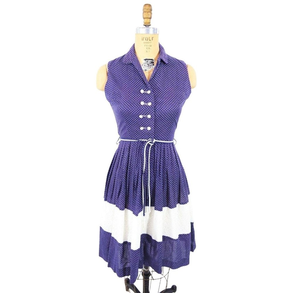 Vintage 50s Polka Dot Dress Blue Purple Button Down Shirtdress | W 26"